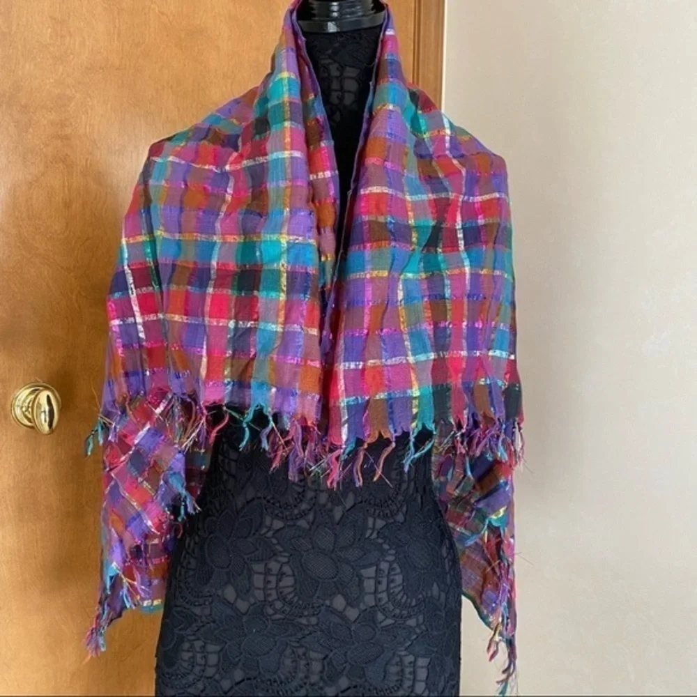 Nordstrom Magenta Pink Red Green Metallic Cotton Plaid Square Scarf Wrap